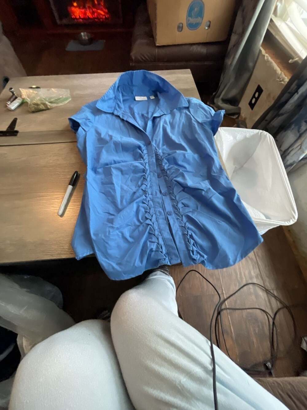 #D33 New York & Company Size L Blue Ruched Front Blouse